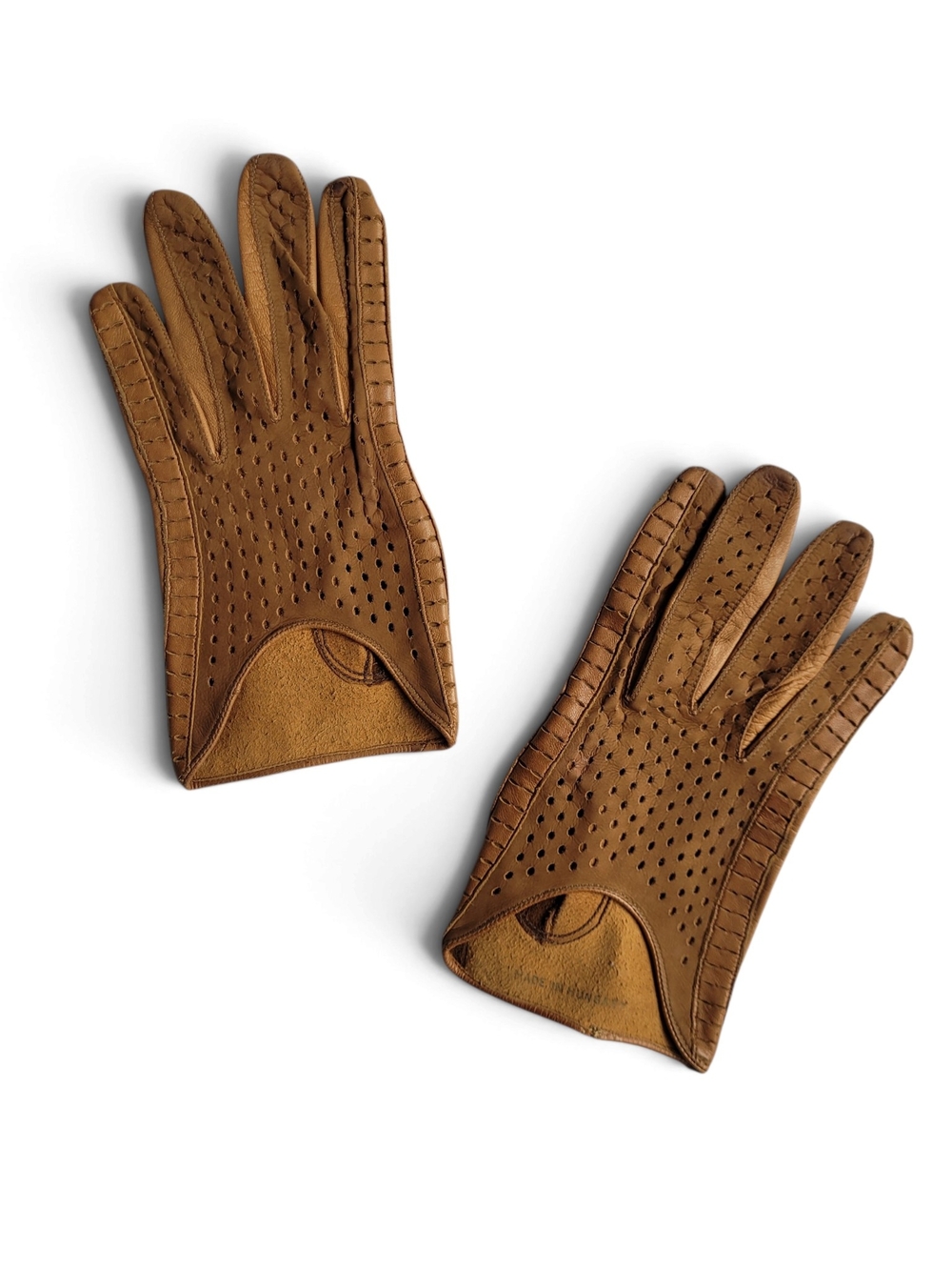 Vintage Tan Leather Perforated Driving Gloves Size 9